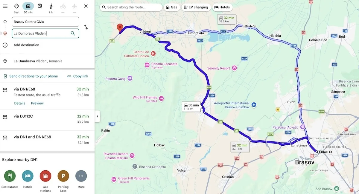 Traseu auto Brașov - La Dumbrava